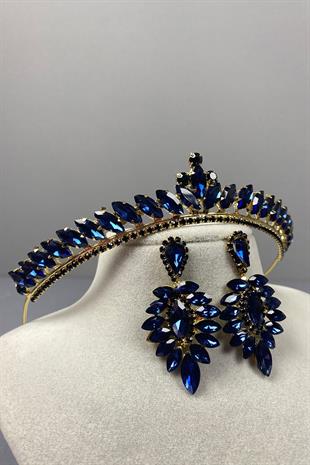 Lacivert  Gold Ece Gelin Kına Tacı Ve İnce Mekik Taşlı Küpe Seti