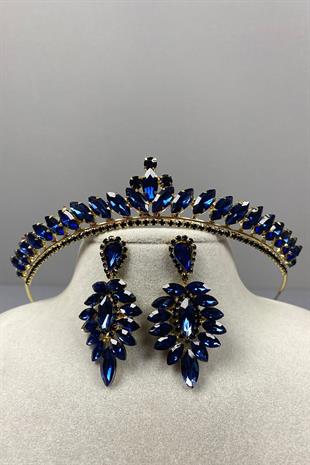 Lacivert  Gold Ece Gelin Kına Tacı Ve İnce Mekik Taşlı Küpe Seti