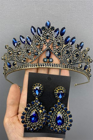 Navy Blue Gold Bridal Henna Tiara and Earrings