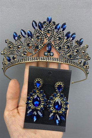 Navy Blue Gold Bridal Henna Tiara and Earring