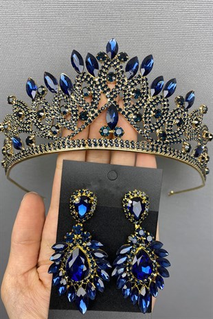 Navy Blue Gold Bridal Henna Tiara and Earring