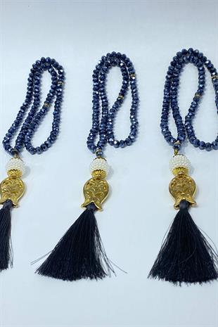 Lacivert Hediyelik Laleli Püsküllü Kristal Boncuklu 99 Lu Namaz Tesbihi ( Mevlüt-sünnet-hac-umre)