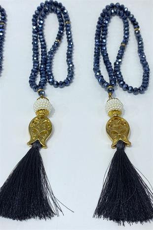 Lacivert Hediyelik Laleli Püsküllü Kristal Boncuklu 99 Lu Namaz Tesbihi ( Mevlüt-sünnet-hac-umre)