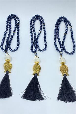 Lacivert Hediyelik Laleli Püsküllü Kristal Boncuklu 99 Lu Namaz Tesbihi ( Mevlüt-sünnet-hac-umre)