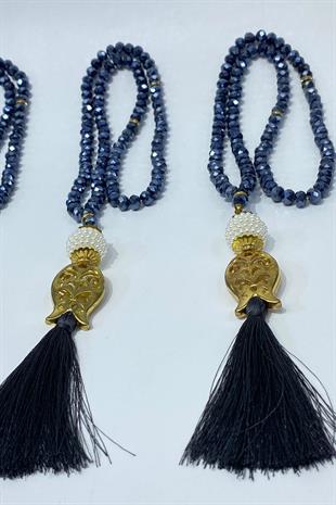 Lacivert Hediyelik Laleli Püsküllü Kristal Boncuklu 99 Lu Namaz Tesbihi ( Mevlüt-sünnet-hac-umre)