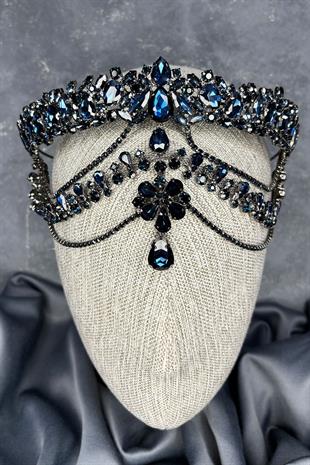 Lacivert Hera Alınlık Sallantılı Gelin Kına Tacı Saç Aksesuarı