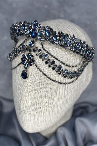 Lacivert Hera Alınlık Sallantılı Gelin Kına Tacı Saç Aksesuarı