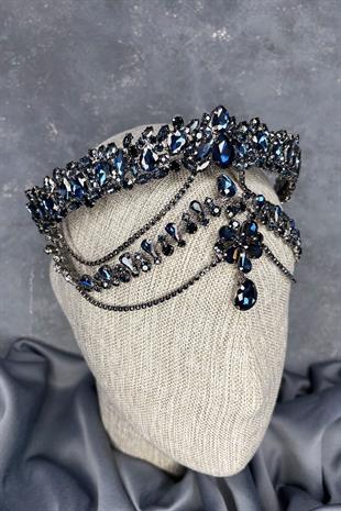 Lacivert Hera Alınlık Sallantılı Gelin Kına Tacı Saç Aksesuarı