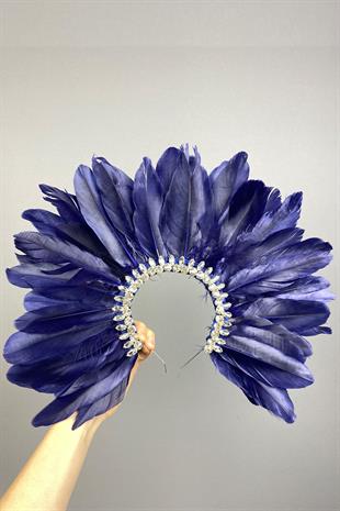 Navy Blue Hera Feather Stone Bridal Henna Crown Accessory