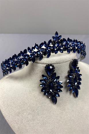 Navy Blue Thin Elegant Vera Bridal Henna Crown and Shuttle Earrings