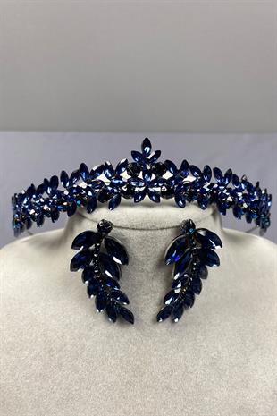 Navy Blue Thin Elegant Vera Bridal Henna Crown and Leaf Earrings