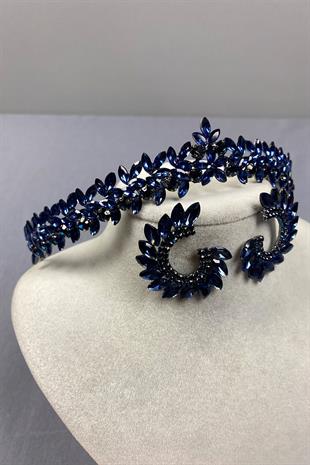 Navy Blue Thin Elegant Vera Bridal Henna Crown and Round Earrings