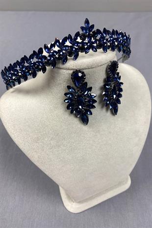 Navy Blue Thin Elegant Vera Bridal Henna Crown and Shuttle Earrings