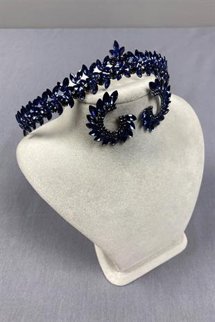 Navy Blue Thin Elegant Vera Bridal Henna Crown and Round Earrings