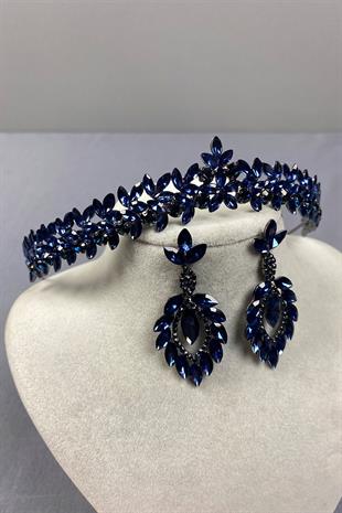 Navy Blue Thin Elegant Vera Bridal Henna Crown and Shuttle Earrings