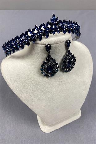 Navy Blue Thin Elegant Vera Bridal Henna Crown and Drop Shuttle Earrings