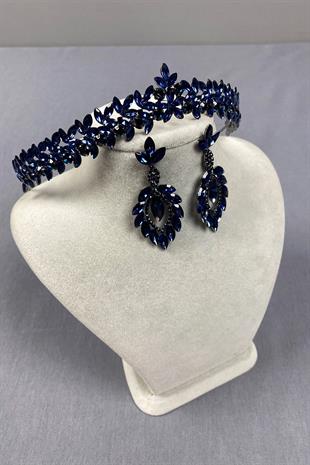 Navy Blue Thin Elegant Vera Bridal Henna Crown and Shuttle Earrings