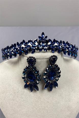 Navy Blue Thin Elegant Vera Bridal Henna Crown and Drop Shuttle Earrings