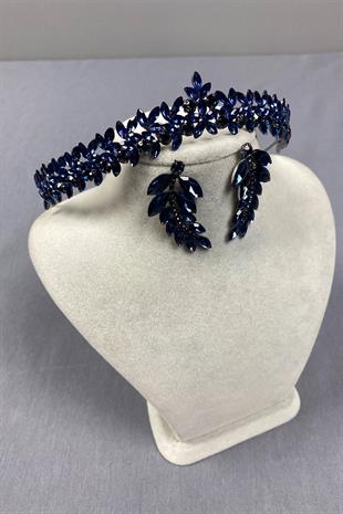 Navy Blue Thin Elegant Vera Bridal Henna Crown and Leaf Earrings