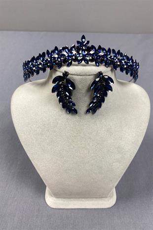 Navy Blue Thin Elegant Vera Bridal Henna Crown and Leaf Earrings