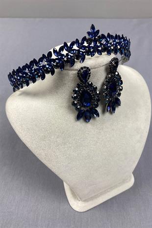 Navy Blue Thin Elegant Vera Bridal Henna Crown and Drop Shuttle Earrings