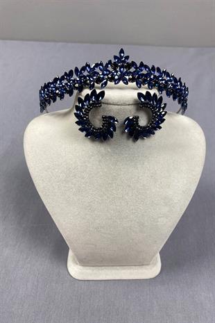 Navy Blue Thin Elegant Vera Bridal Henna Crown and Round Earrings