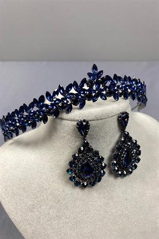 Navy Blue Thin Elegant Vera Bridal Henna Crown and Drop Shuttle Earrings