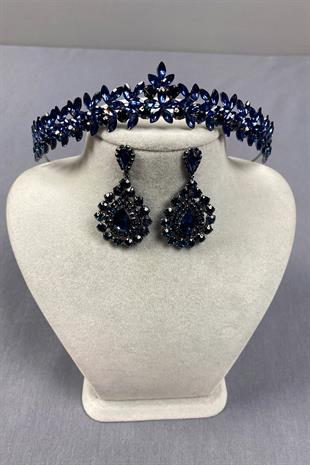 Navy Blue Thin Elegant Vera Bridal Henna Crown and Drop Shuttle Earrings