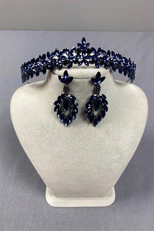 Navy Blue Thin Elegant Vera Bridal Henna Crown and Shuttle Earrings