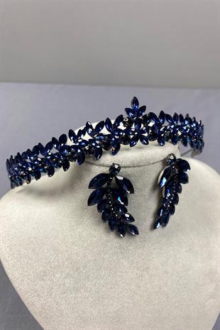 Navy Blue Thin Elegant Vera Bridal Henna Crown and Leaf Earrings