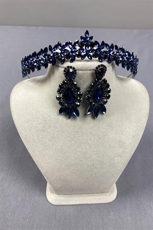 Navy Blue Thin Elegant Vera Bridal Henna Crown and Drop Shuttle Earrings