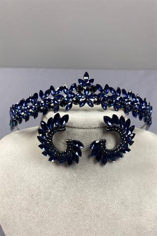 Navy Blue Thin Elegant Vera Bridal Henna Crown and Round Earrings