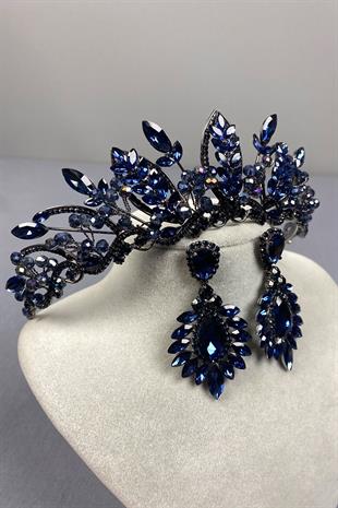 Navy Blue Jabbah Bead Embroidered Bridal Henna Crown and Shuttle Earrings