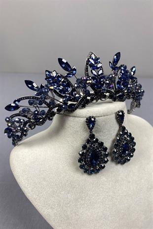 Navy Blue Jabbah Bead Embroidered Bridal Henna Crown and Drop Earrings