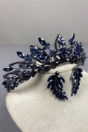 Navy Blue Jabbah Bead Embroidered Bridal Henna Crown and Leaf Earrings
