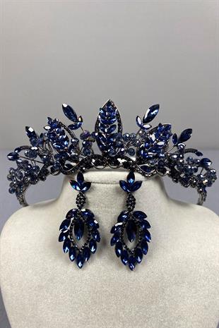 Navy Blue Jabbah Bead Embroidered Bridal Henna Crown and Shuttle Earring Set