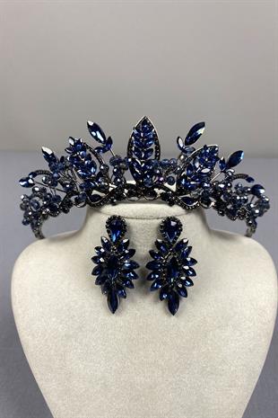 Navy Blue Jabbah Bead Embroidered Bridal Henna Crown and Thin Shuttle Earrings