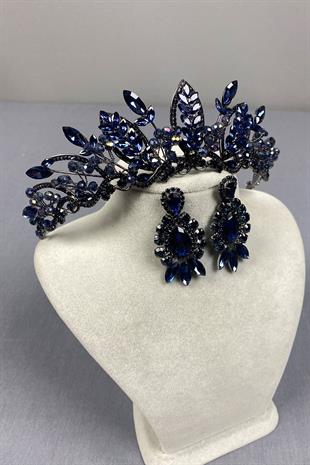 Navy Blue Jabbah Bead Embroidered Bridal Henna Crown and Shuttle Drop Earrings