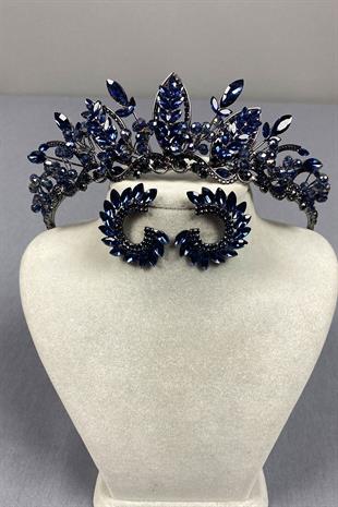 Navy Blue Jabbah Bead Embroidered Bridal Henna Crown and Round Earrings