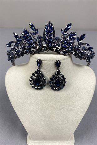 Navy Blue Jabbah Bead Embroidered Bridal Henna Crown and Drop Earrings