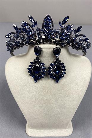Navy Blue Jabbah Bead Embroidered Bridal Henna Crown and Shuttle Earrings
