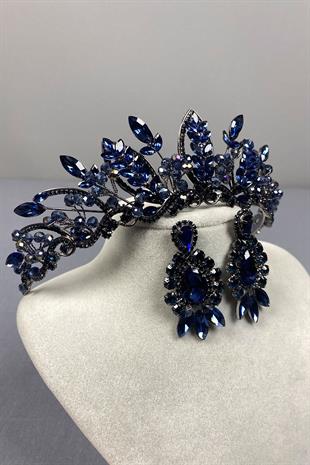 Navy Blue Jabbah Bead Embroidered Bridal Henna Crown and Shuttle Drop Earrings