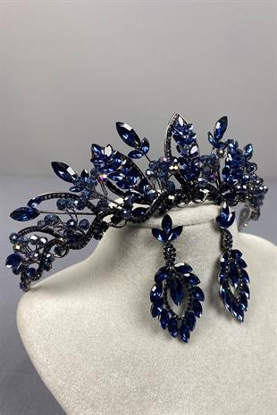 Navy Blue Jabbah Bead Embroidered Bridal Henna Crown and Shuttle Earring Set