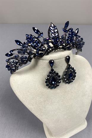 Navy Blue Jabbah Bead Embroidered Bridal Henna Crown and Drop Earrings