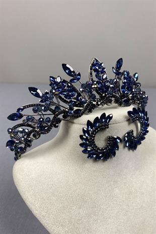 Navy Blue Jabbah Bead Embroidered Bridal Henna Crown and Round Earrings