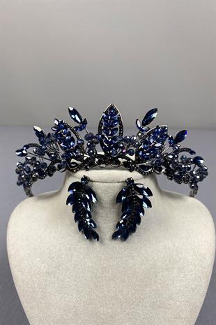 Navy Blue Jabbah Bead Embroidered Bridal Henna Crown and Leaf Earrings