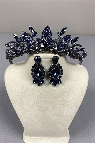 Navy Blue Jabbah Bead Embroidered Bridal Henna Crown and Shuttle Drop Earrings