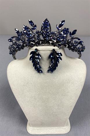 Navy Blue Jabbah Bead Embroidered Bridal Henna Crown and Leaf Earrings