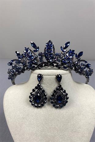 Navy Blue Jabbah Bead Embroidered Bridal Henna Crown and Drop Earrings