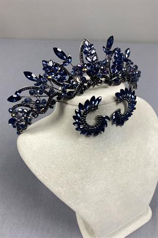 Navy Blue Jabbah Bead Embroidered Bridal Henna Crown and Round Earrings
